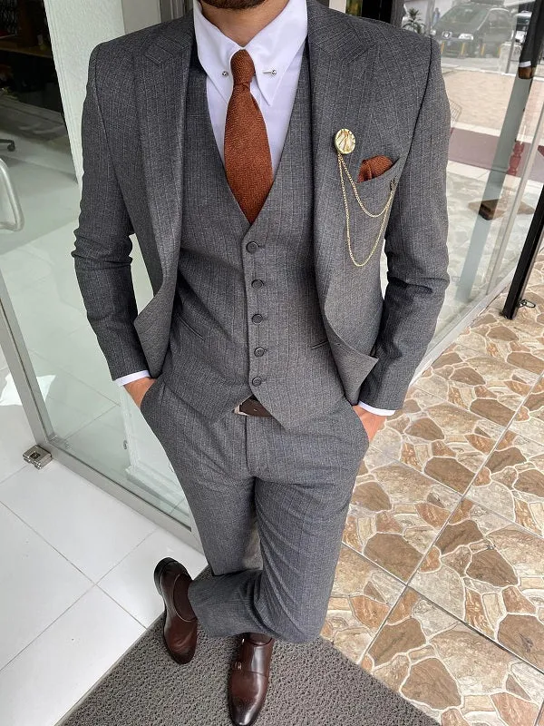 Abruzzo Gray Slim Fit Peak Lapel Striped Wool Suit