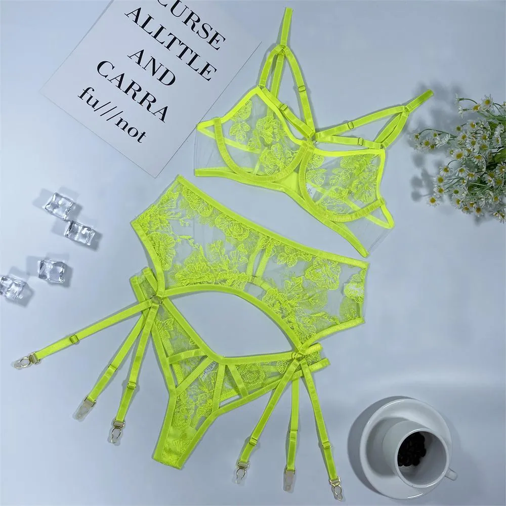 Aduloty Women's Erotic Underwear Thin Section See-Through Mesh Embroidery Sexy Lingerie Underwire Bra Garter Belt Thong Suit