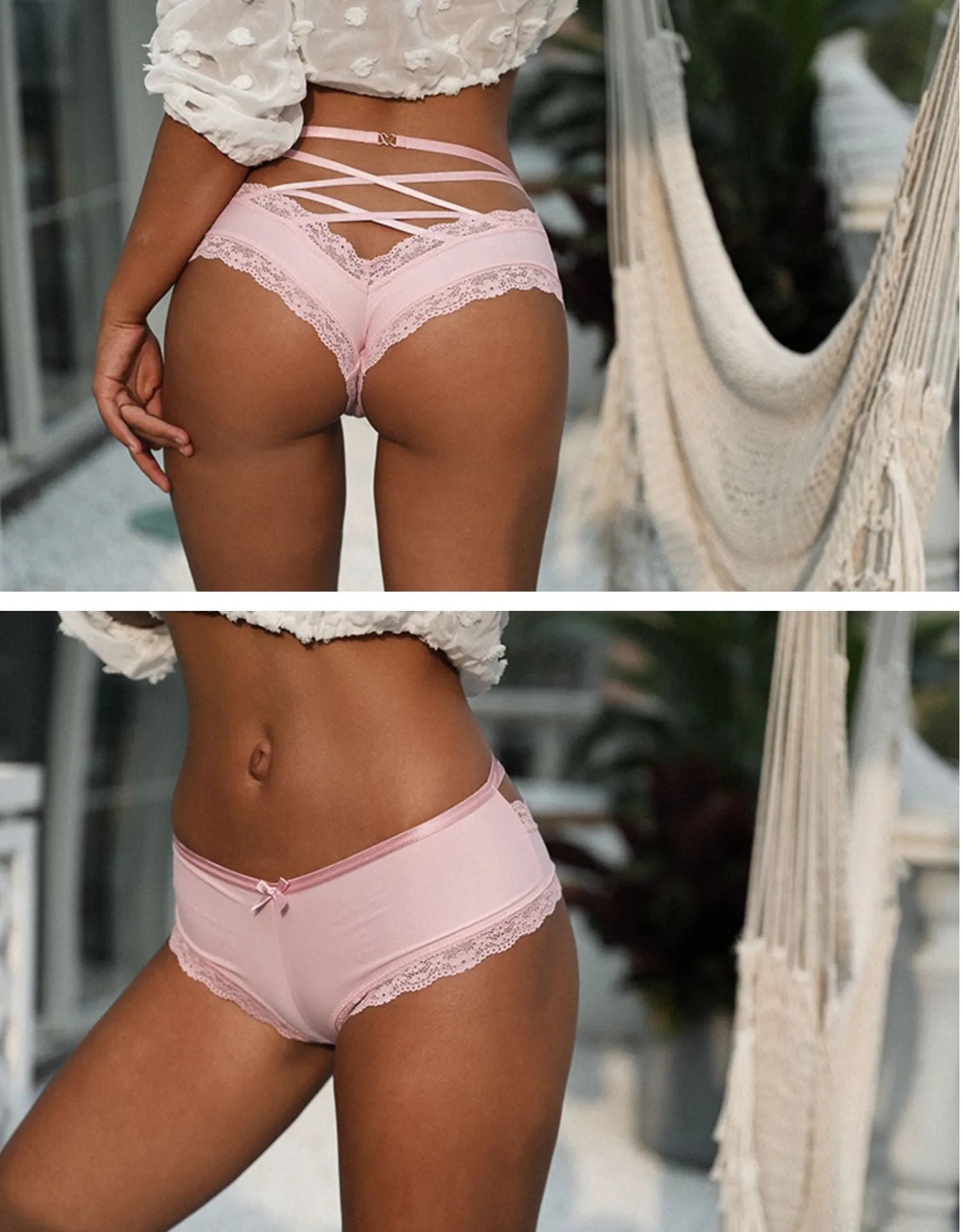 Back Crossing Bandage Hollow Out Lace Edge Seamless Underwear Women Transparent Lingerie Solid Briefs Thong Sexy Panties