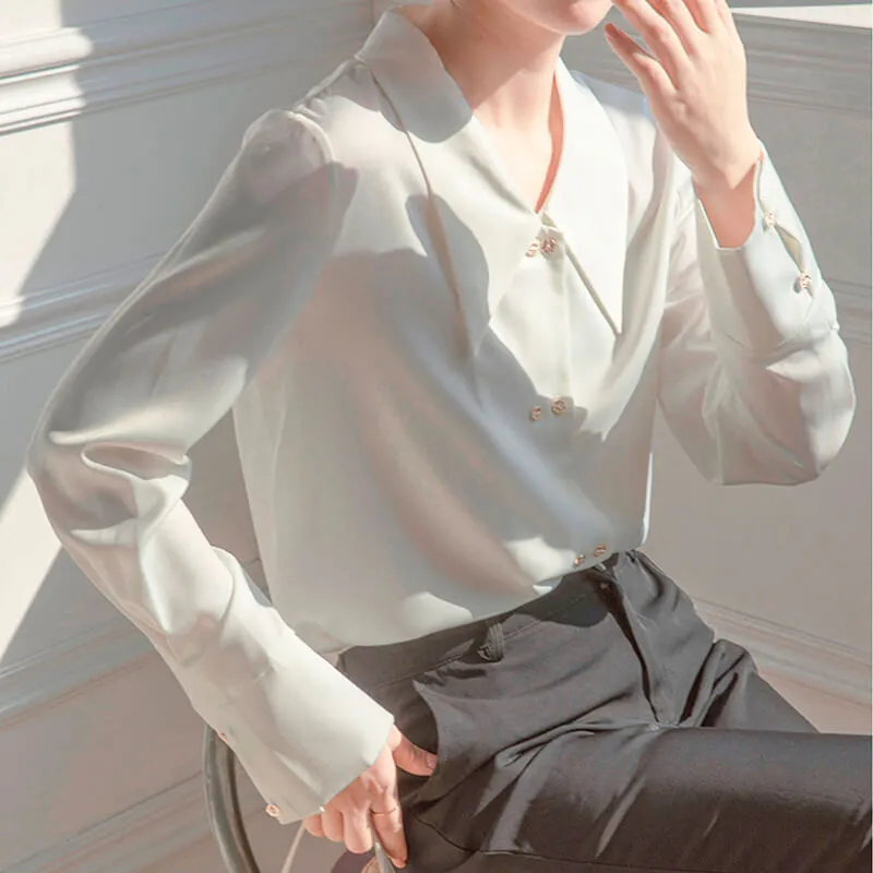 benpaolv Light Academia White Satin Blouse Big Pointy Collar