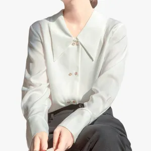 benpaolv Light Academia White Satin Blouse Big Pointy Collar