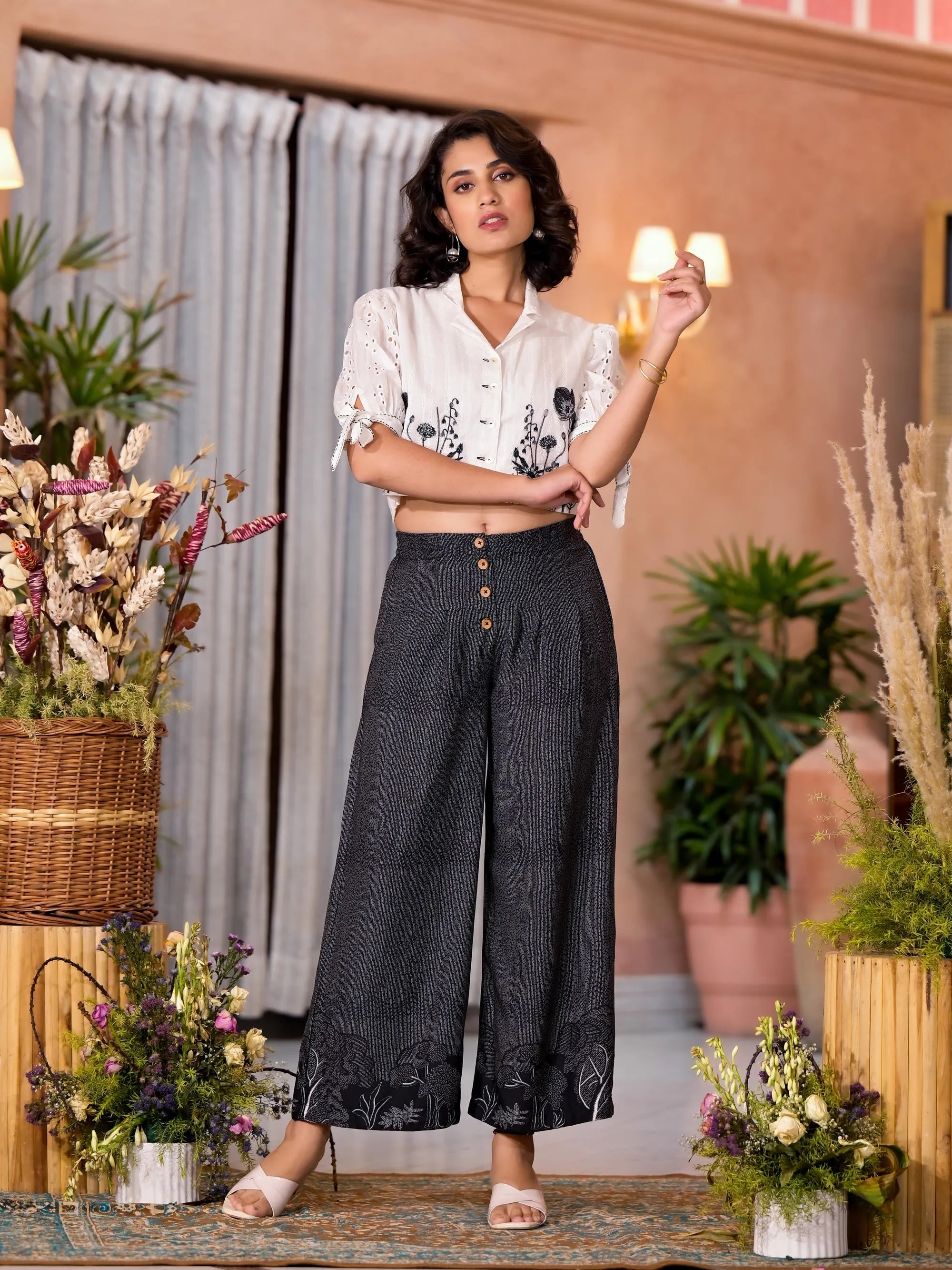 Black & White Thread Embroidered Cotton Shirt Style Crop Top & Pant Co-Ord Set With Buttons & Tie-ups