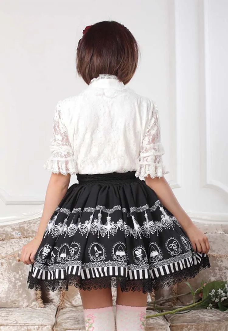 Black Chandelier Printed Fairy Tale Themed Lady's Pleated Lolita Skirt