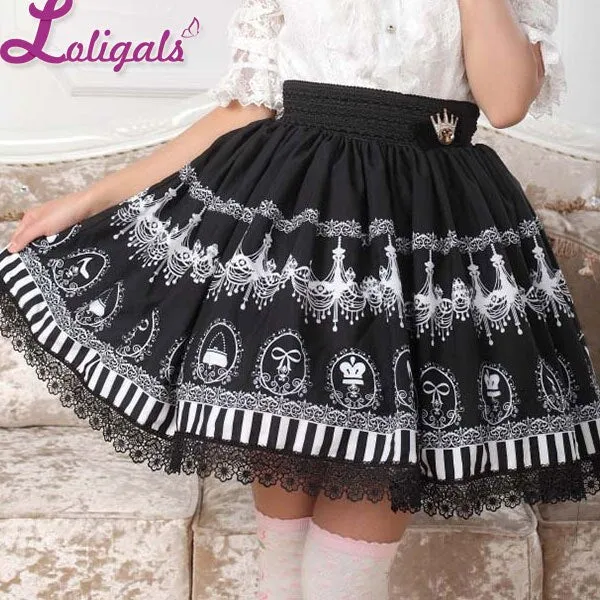 Black Chandelier Printed Fairy Tale Themed Lady's Pleated Lolita Skirt