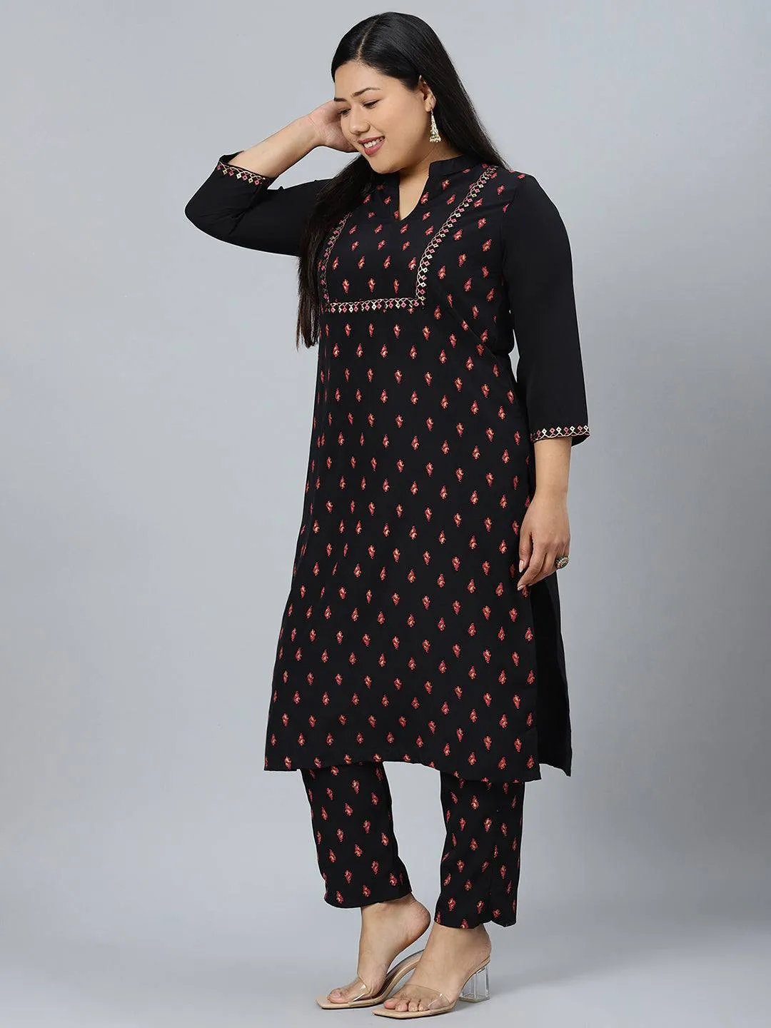 Black Crepe Foil Print Kurta Palazzo Set