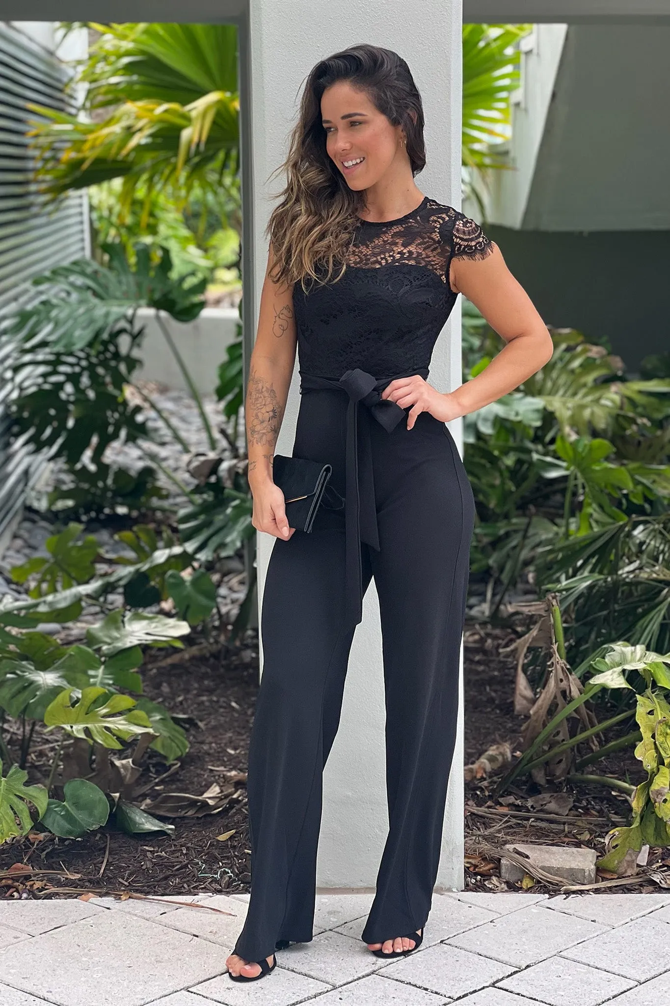 Black Lace Top Jumpsuit With Belt