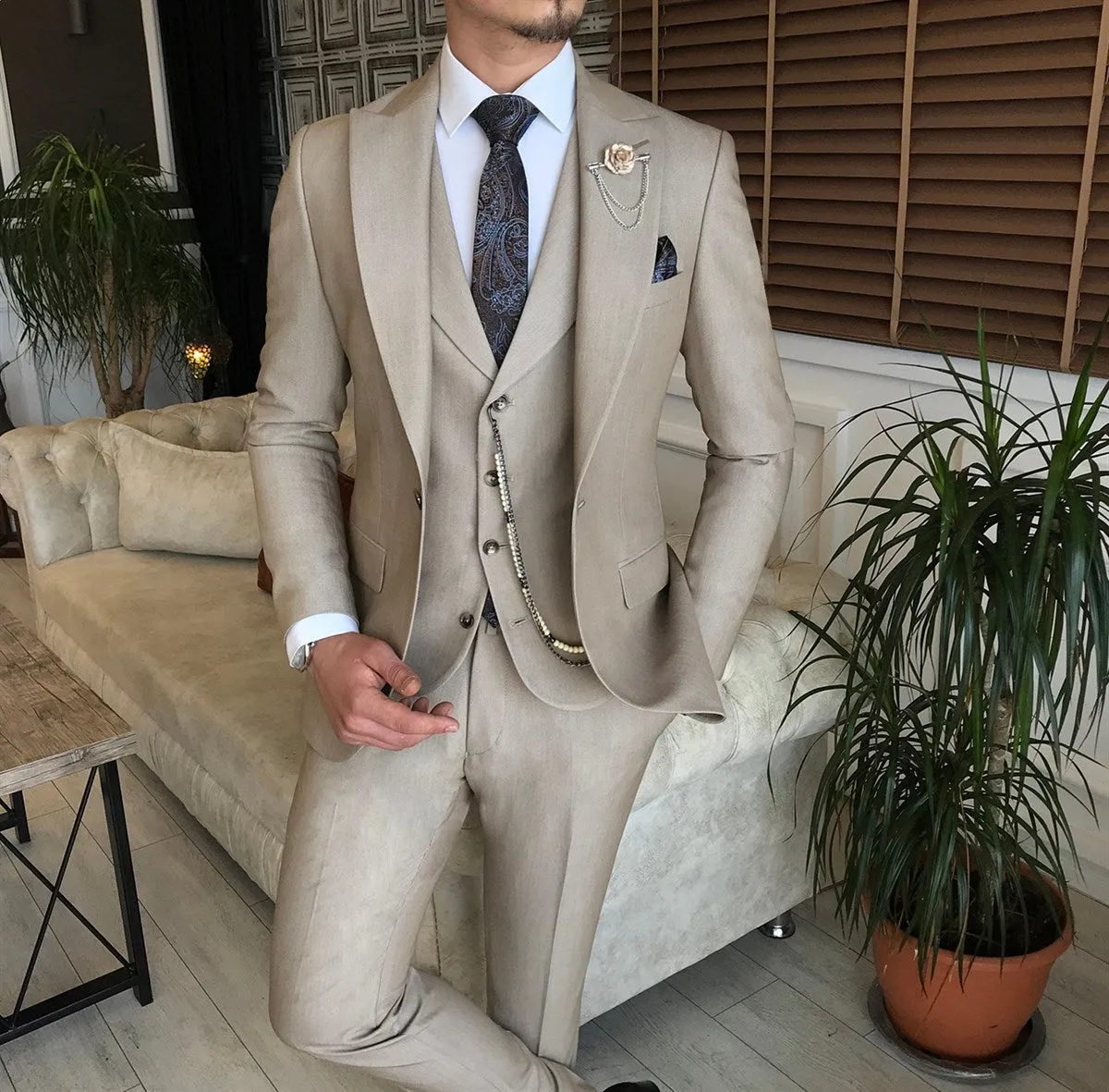 Bojoni Beige Slim-Fit Suit 3-Piece