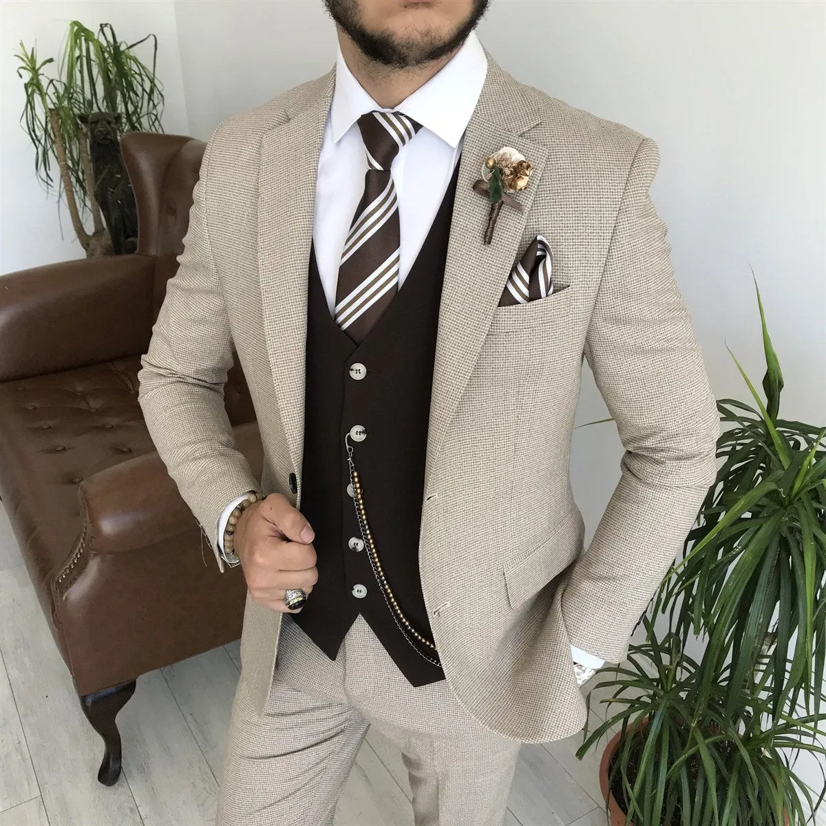 Bojoni Cagliari Beige Slim-Fit Suit 3-Piece