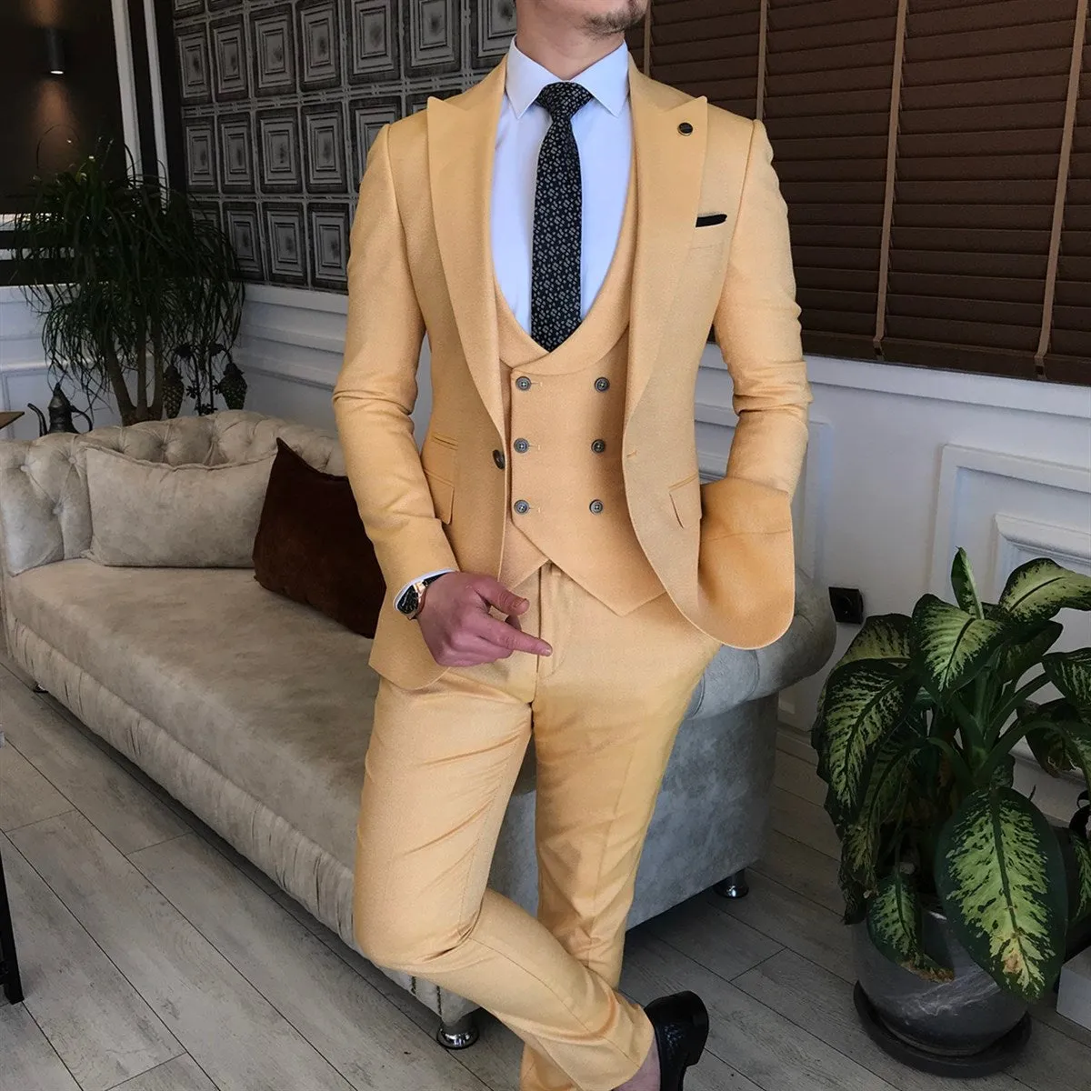 Bojoni Yellow Slim-Fit Suit 3-Piece