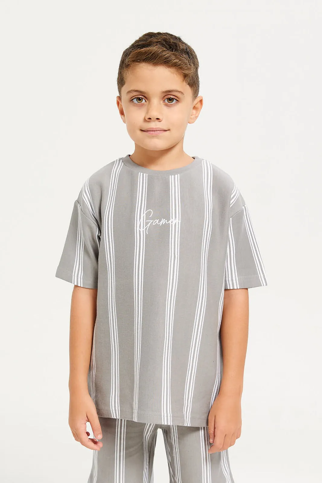 Boys Charcoal Striped Casual Set (2 Piece)