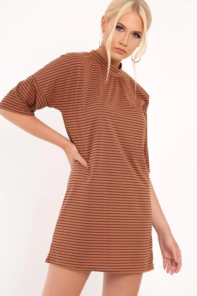 Brown And Blue Stripe T-Shirt Dress - Addaly