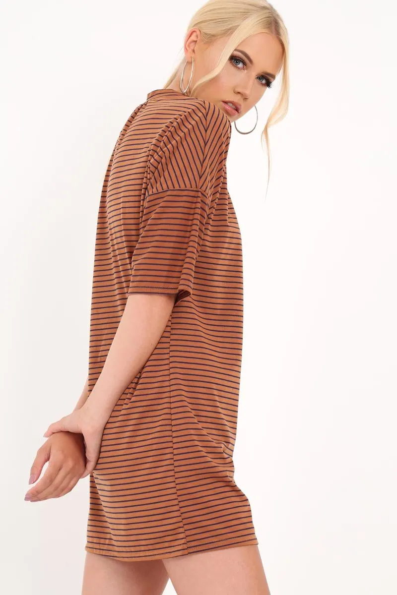 Brown And Blue Stripe T-Shirt Dress - Addaly