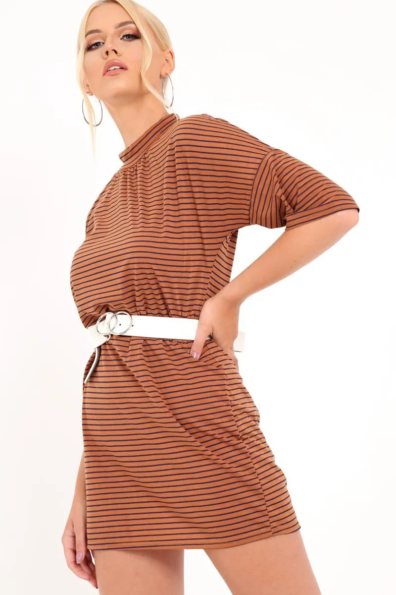 Brown And Blue Stripe T-Shirt Dress - Addaly