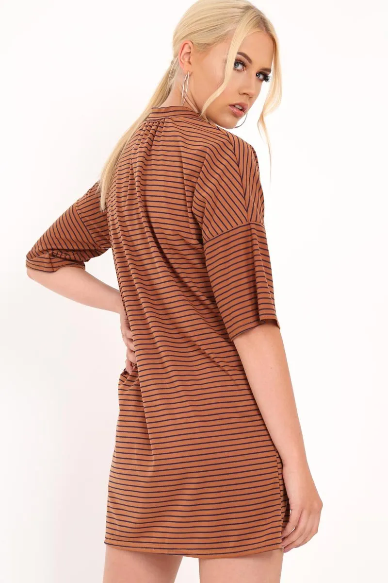 Brown And Blue Stripe T-Shirt Dress - Addaly