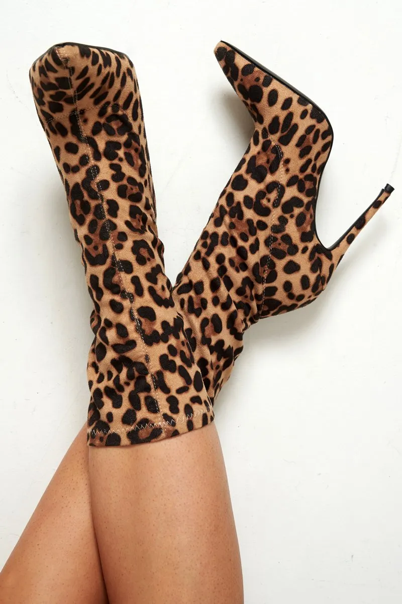 Brown Leopard Stretch Heeled Ankle Boots - Aviya