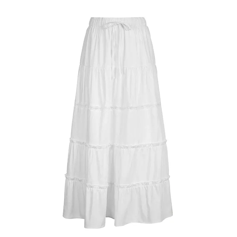 Chic Bohemian White Frill Loose Summer Maxi Skirt Women Fashion Side Split Holidays Y2K Long SKirts Folds A-Line New