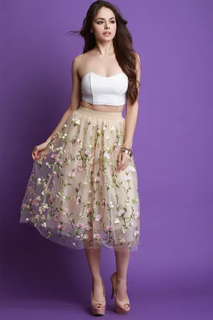 Embroidered Floral Mesh A-Line Skirt