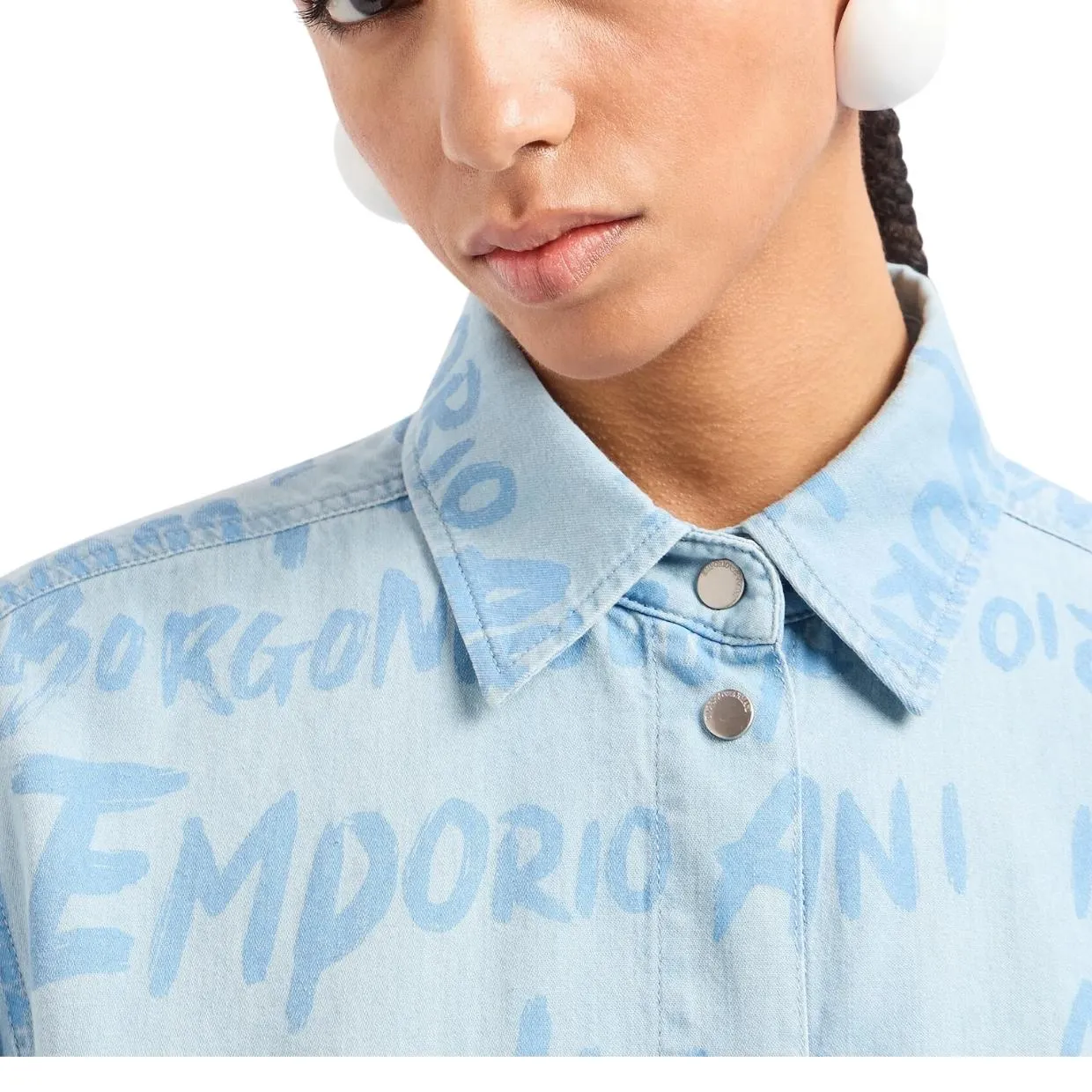 Emporio Armani All-Over Lettering Print Light Denim Shirt