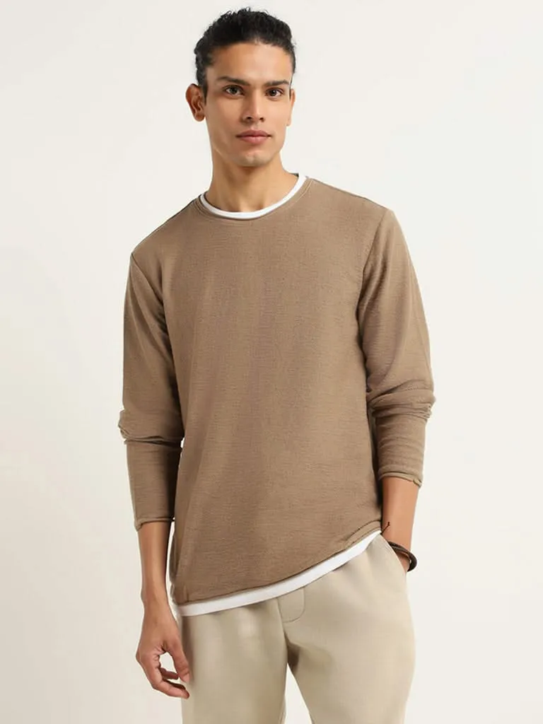 ETA Taupe Ribbed Textured Slim Fit T-Shirt