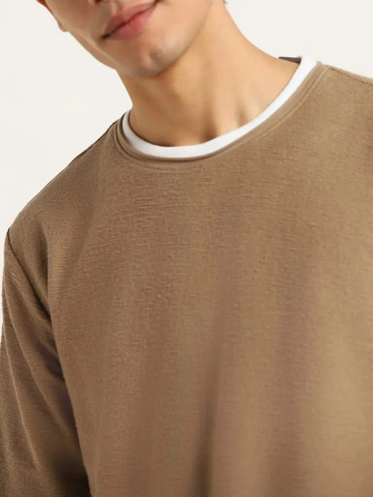 ETA Taupe Ribbed Textured Slim Fit T-Shirt