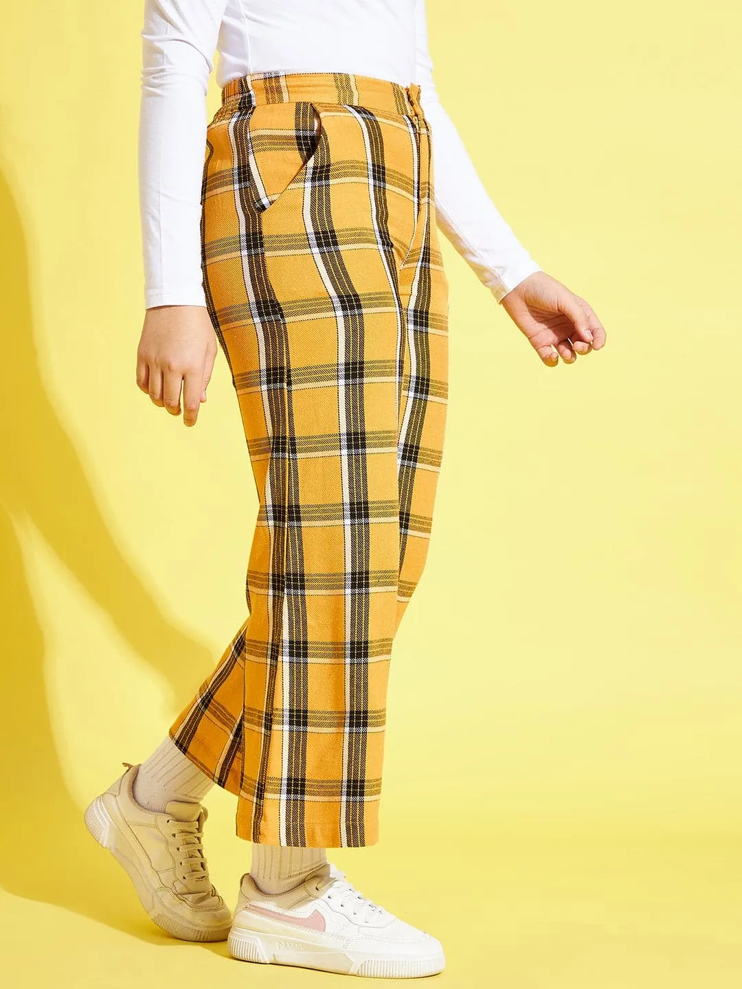 Girls Mustard & Black Check Straight Pants - Lyush Kids