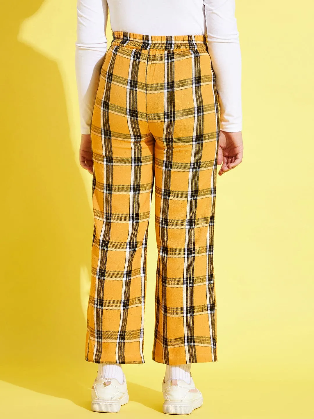 Girls Mustard & Black Check Straight Pants - Lyush Kids