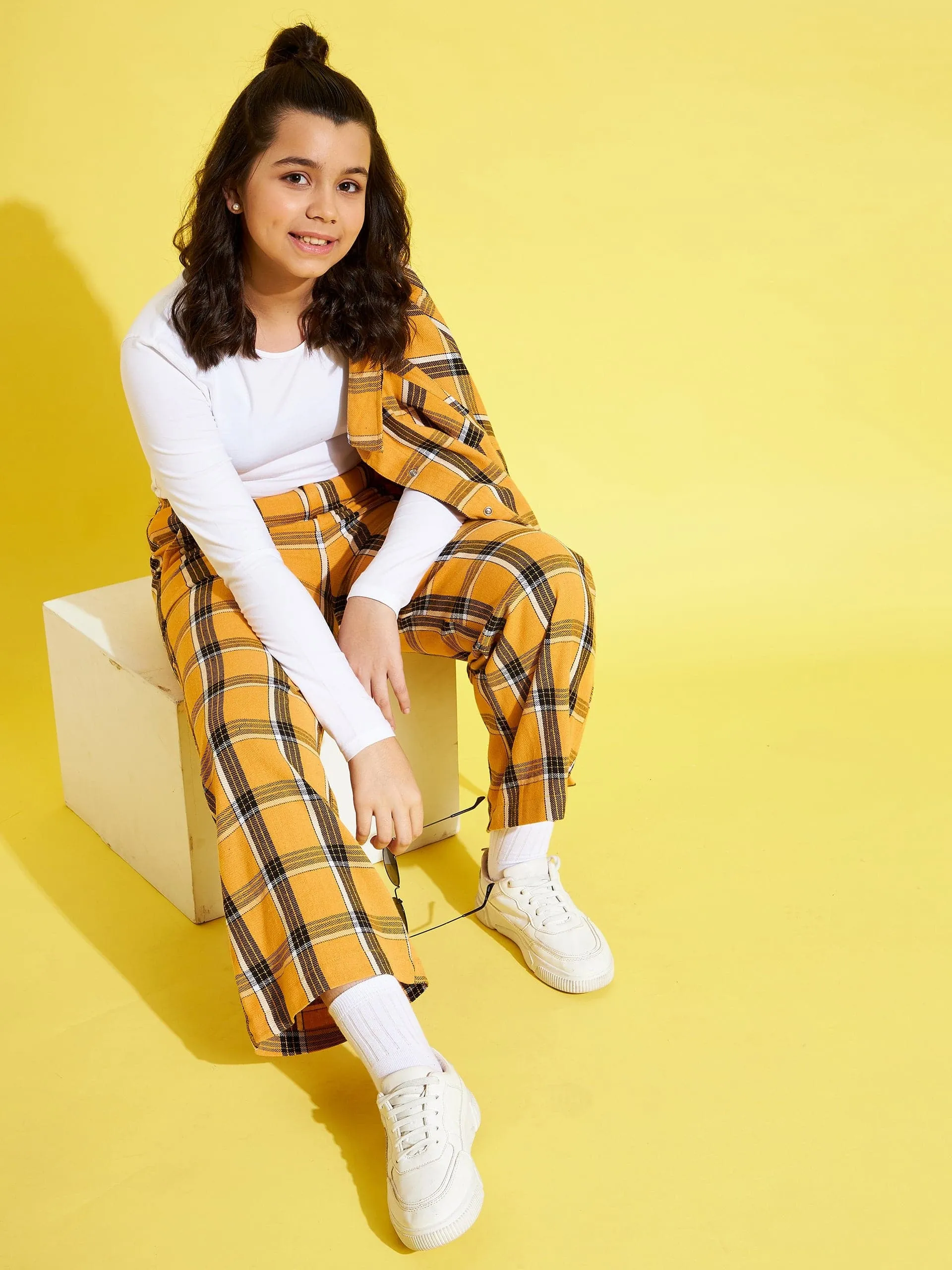 Girls Mustard & Black Check Straight Pants - Lyush Kids