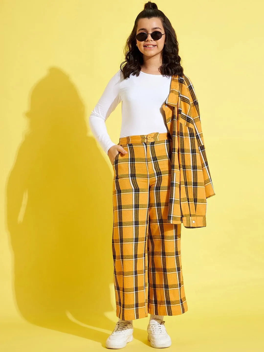 Girls Mustard & Black Check Straight Pants - Lyush Kids