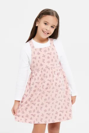 Girls Pink Printed Dungaree Set (2 Piece)