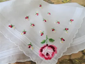 GORGEOUS Vintage Hand Embroidered Hanky, Pink Roses and Rosebuds, Raised Embroidery,Bridal Handkerchief,Hankie,Never Used,Collectible Vintage Hankies