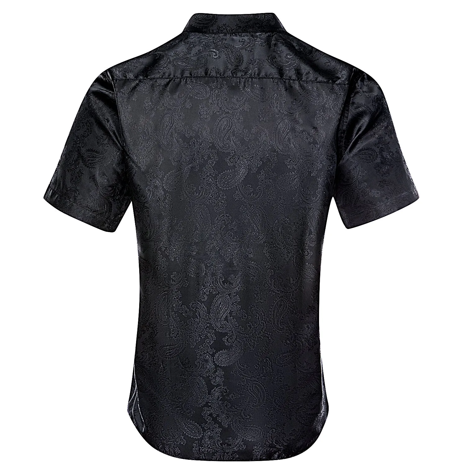 Hi-Tie Formal Top Black Jacquard Paisley Silk Men's Short Sleeve Shirt