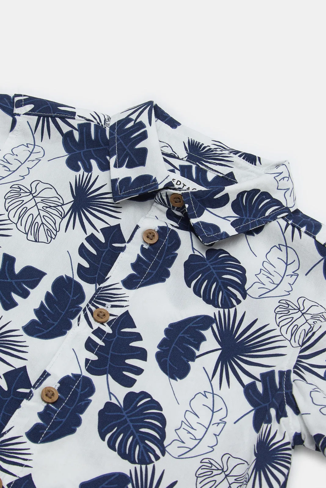 Infant Boys White And Navy Leaves Print Shirt Set (Pack of 2)