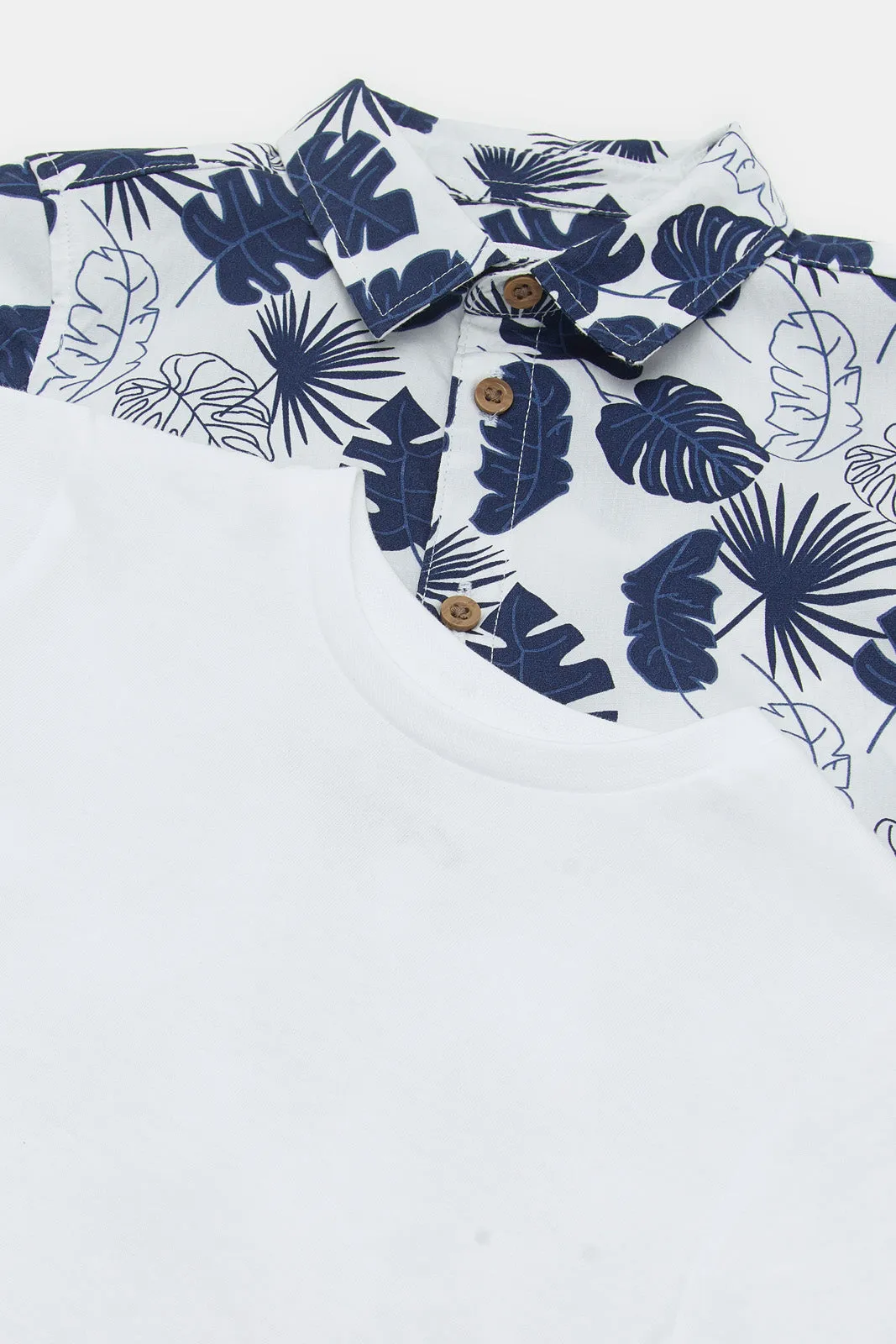 Infant Boys White And Navy Leaves Print Shirt Set (Pack of 2)