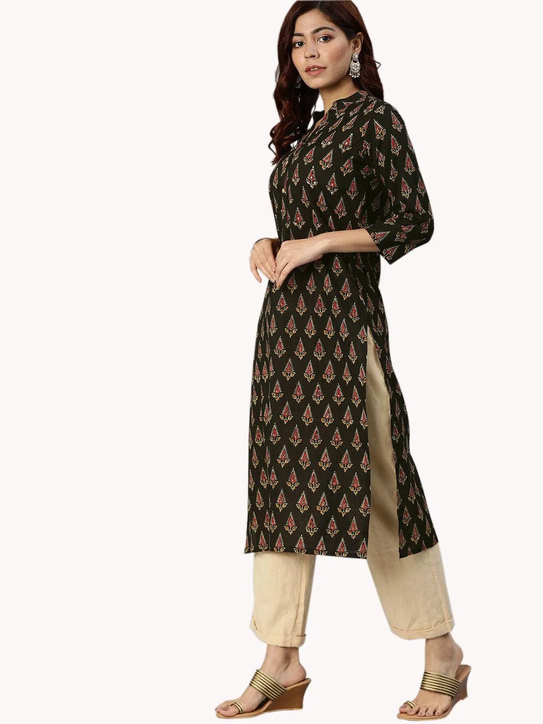 Jashvi Black Buti Print Cotton Kurta