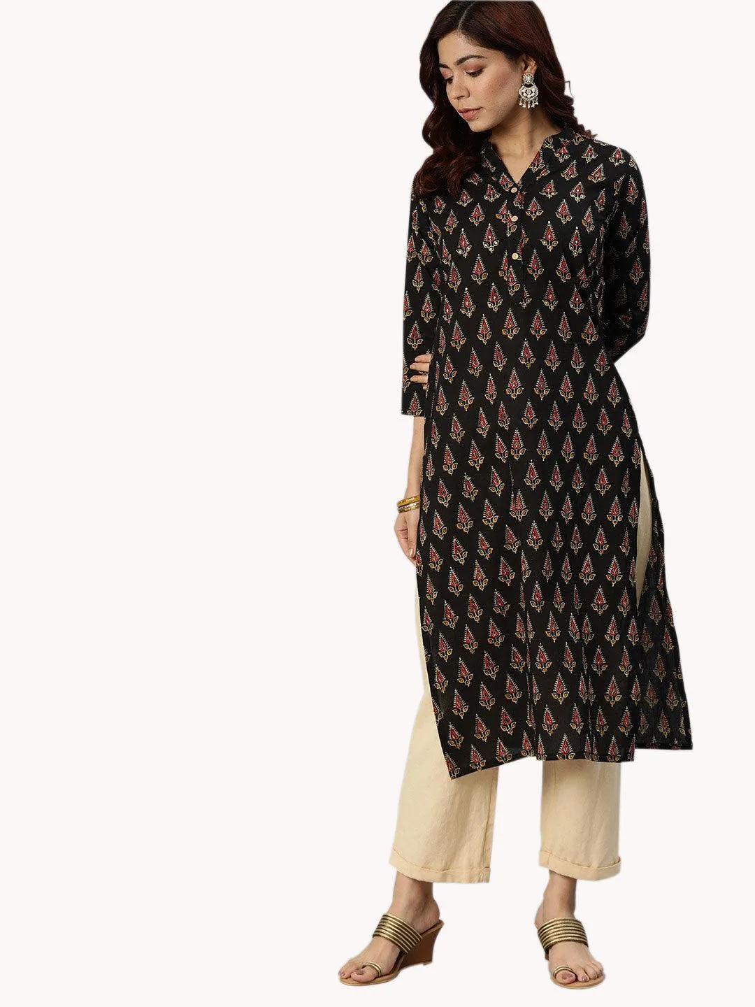 Jashvi Black Buti Print Cotton Kurta