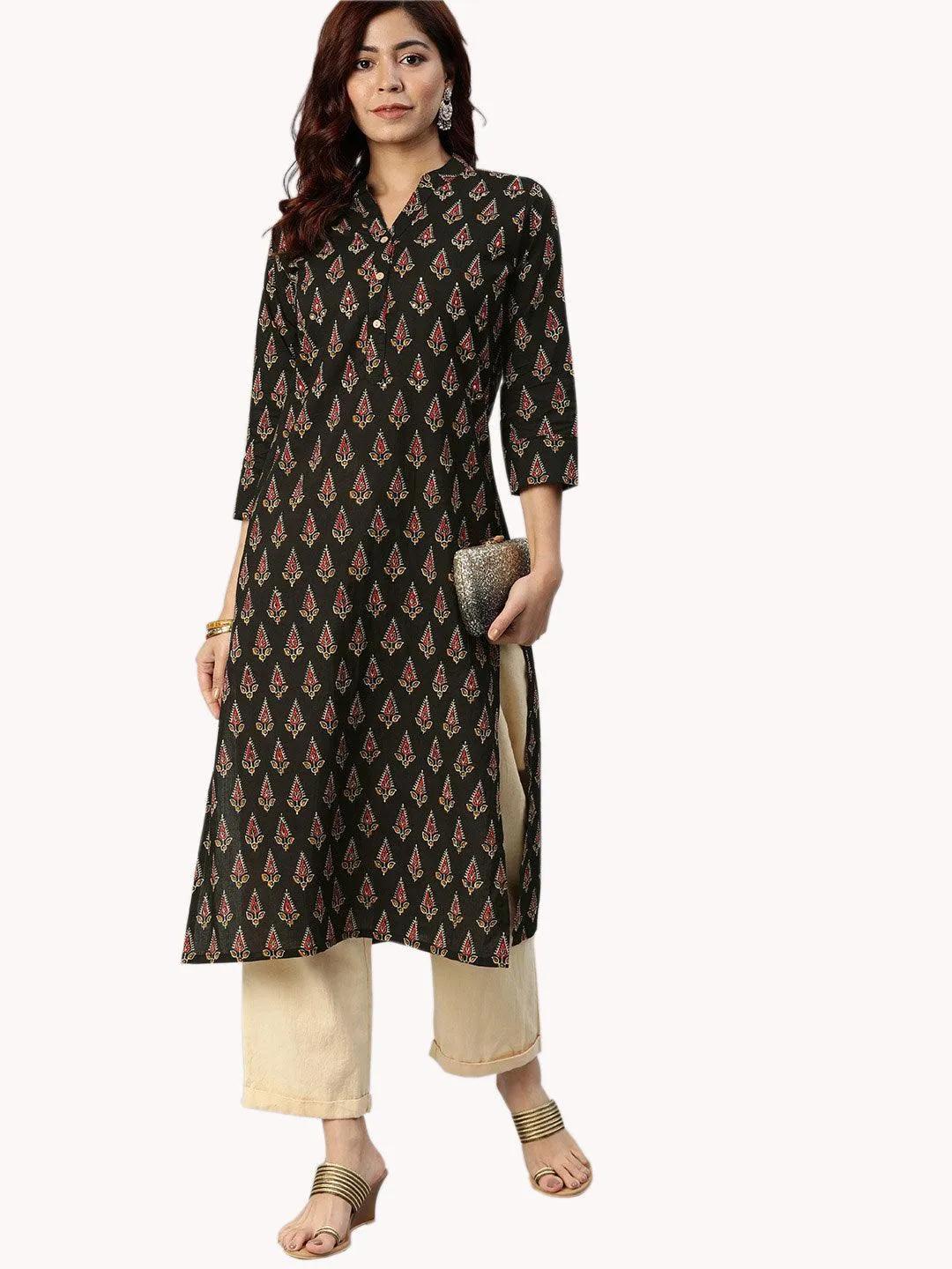 Jashvi Black Buti Print Cotton Kurta