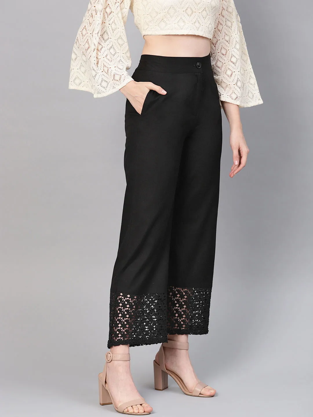 Jashvi Black Cotton Flex Solid Wide Leg Women Palazzo With One Pocket