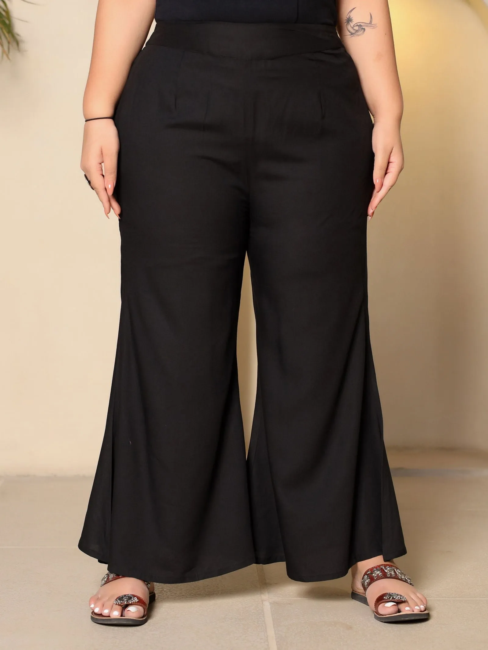 Jashvi Black Modal Rayon Women Partially Elasticated Plus Size Bell Bottom Pants With Single Side Pocket