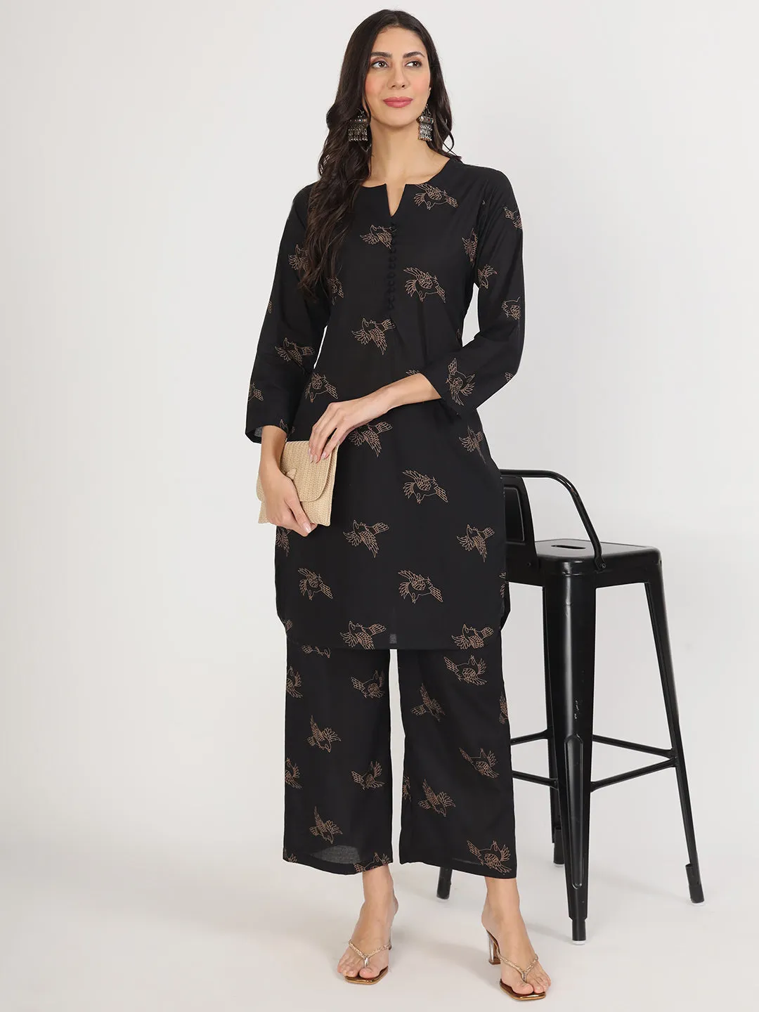 Jashvi Black Printed Kurta with Trouser Co-Ord Set