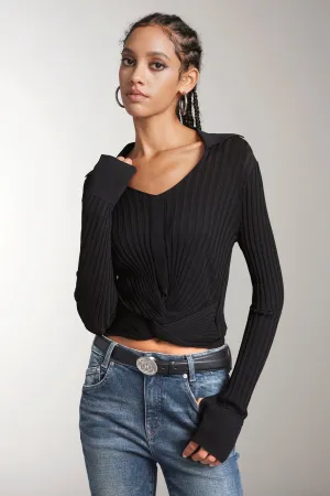 Lapel Cropped Slim Fit Knit Top