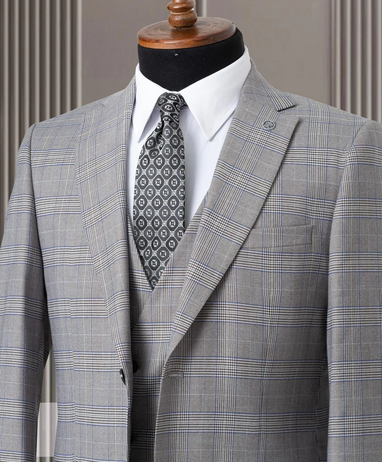 Light Grey Mens Suit With Blue Check