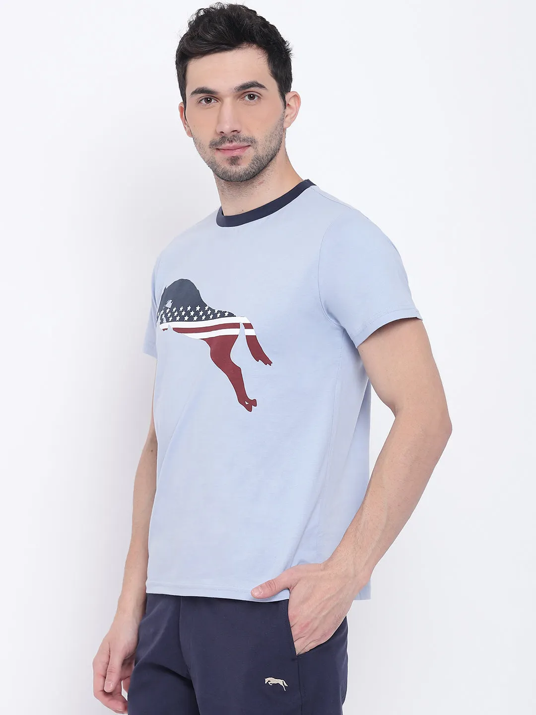 Men Casual Printed Blue T-shirt