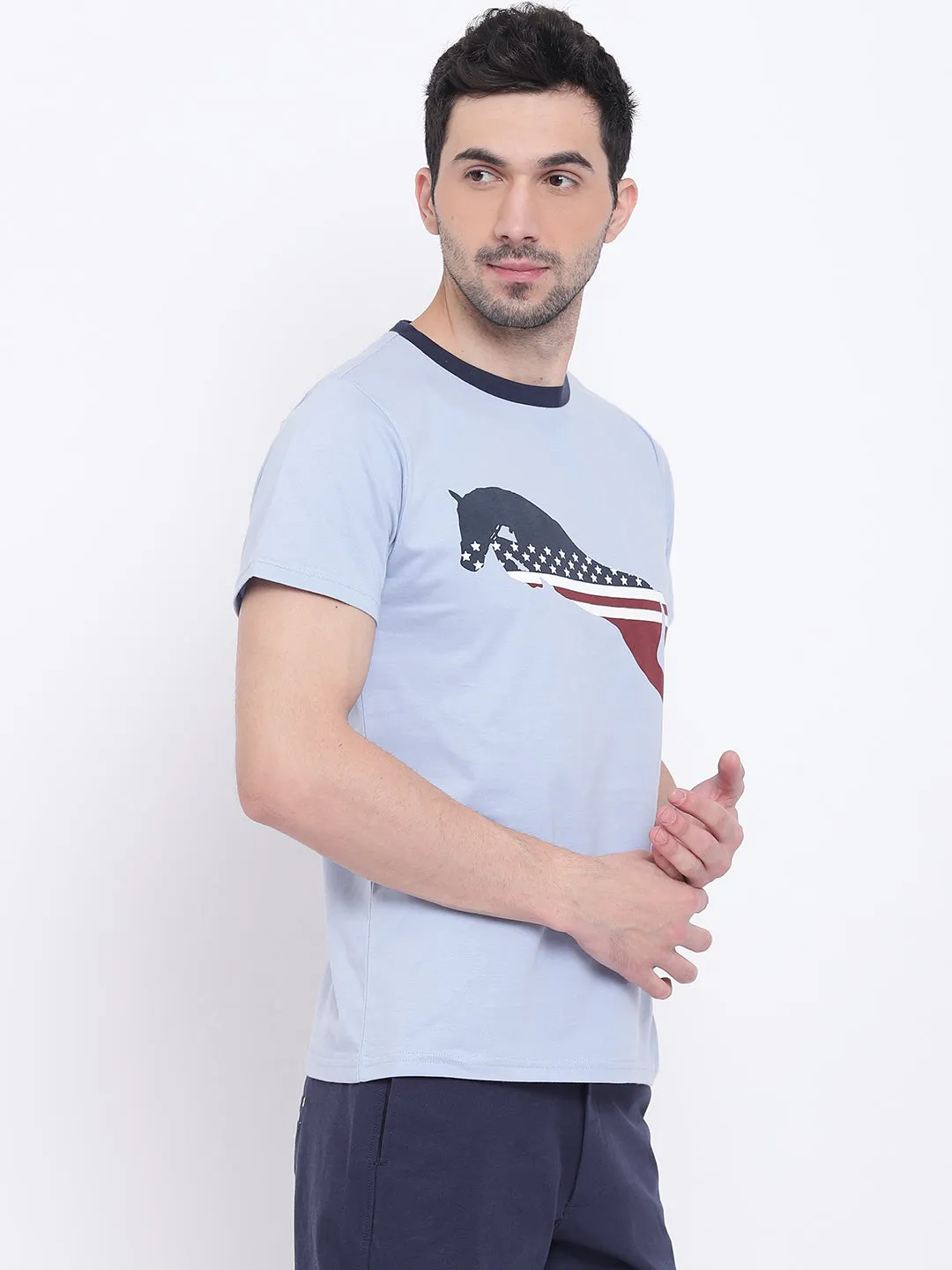 Men Casual Printed Blue T-shirt