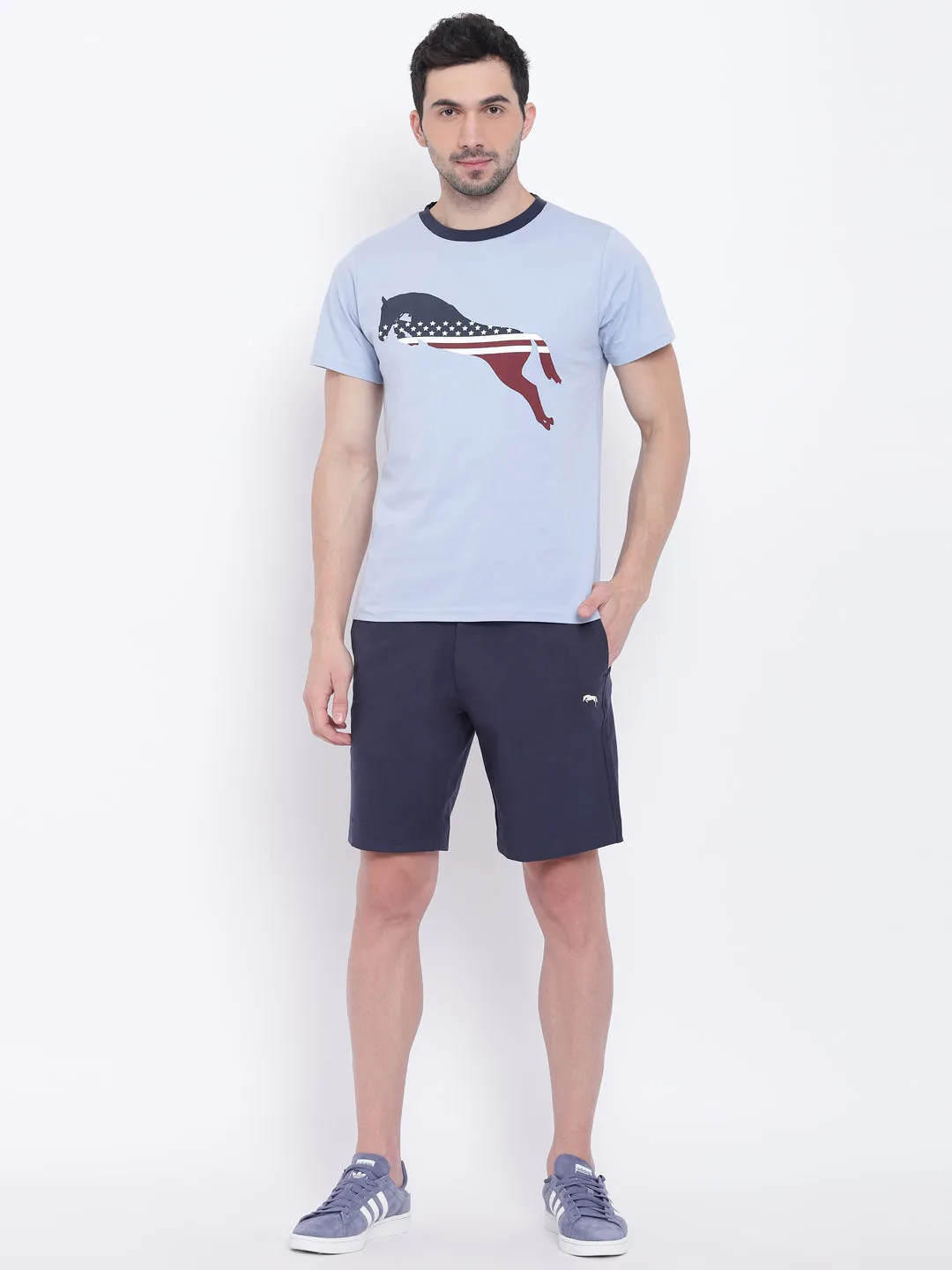 Men Casual Printed Blue T-shirt