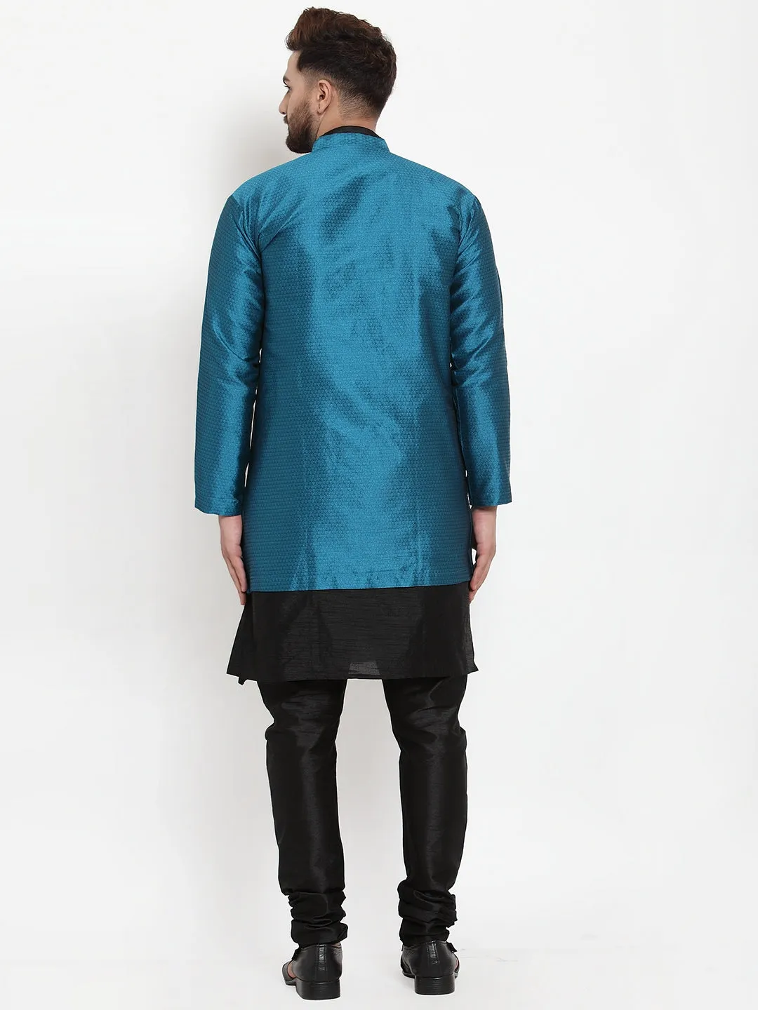 Men's Black Kurta With Pyjama & Peacock Blue Self Design Jacket - Benstoke