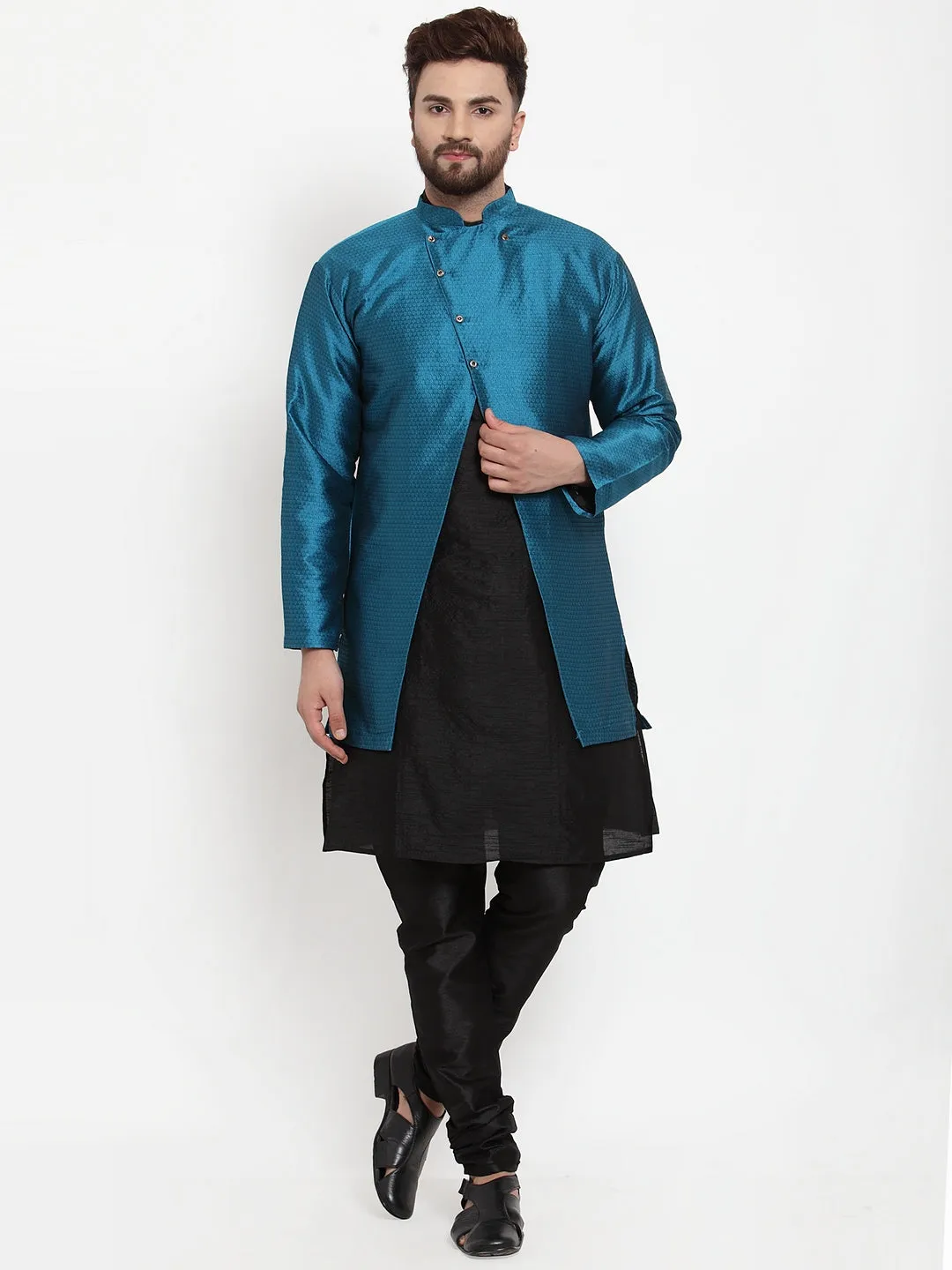 Men's Black Kurta With Pyjama & Peacock Blue Self Design Jacket - Benstoke