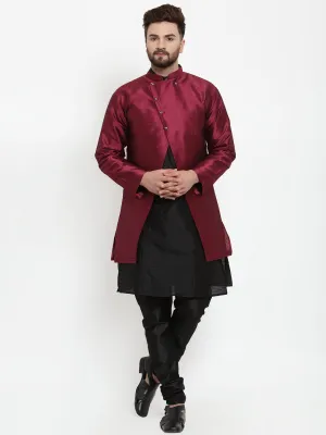 Men's Black Kurta With Pyjama & Wine Self Design Jacket - Benstoke