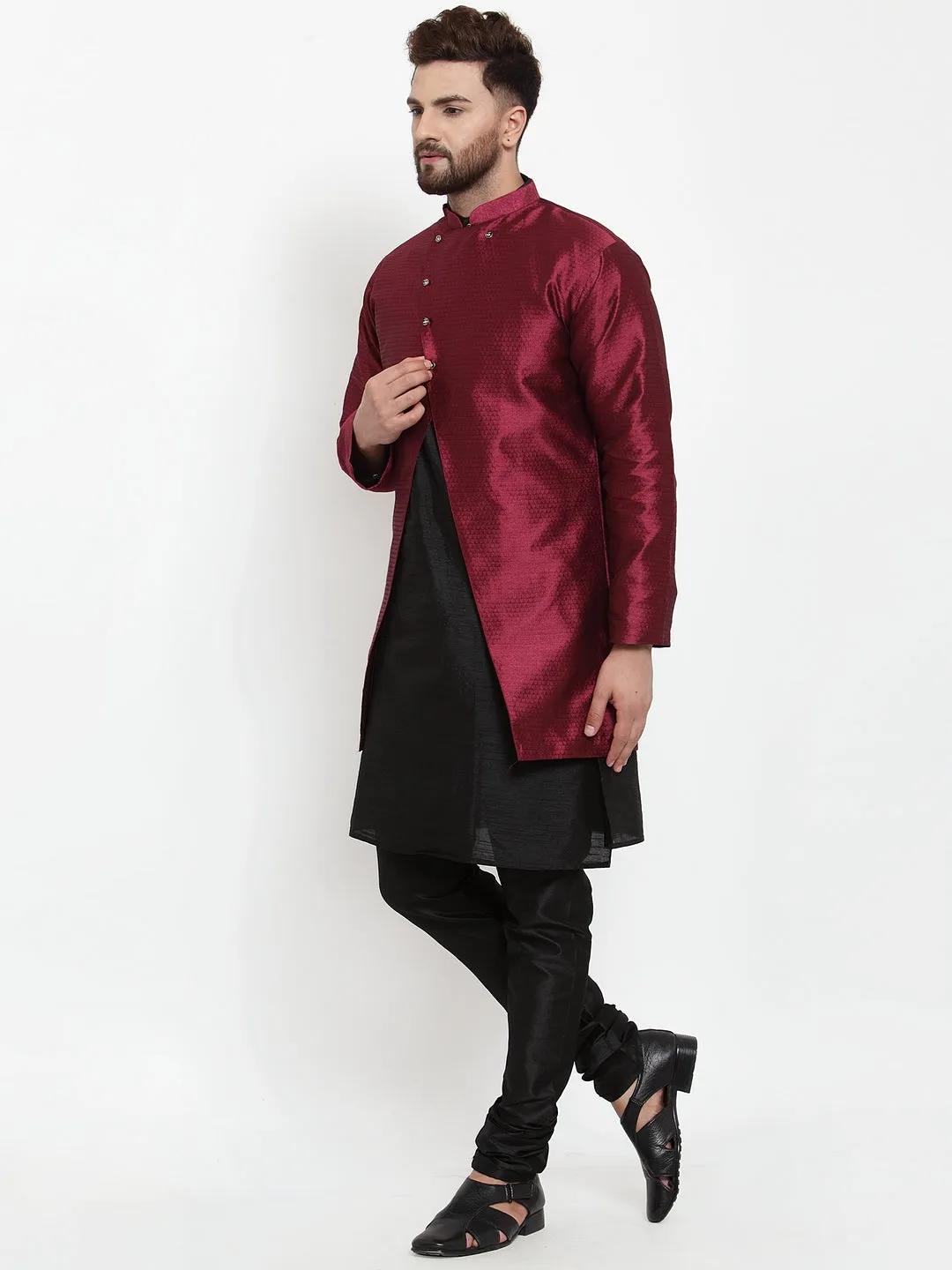 Men's Black Kurta With Pyjama & Wine Self Design Jacket - Benstoke