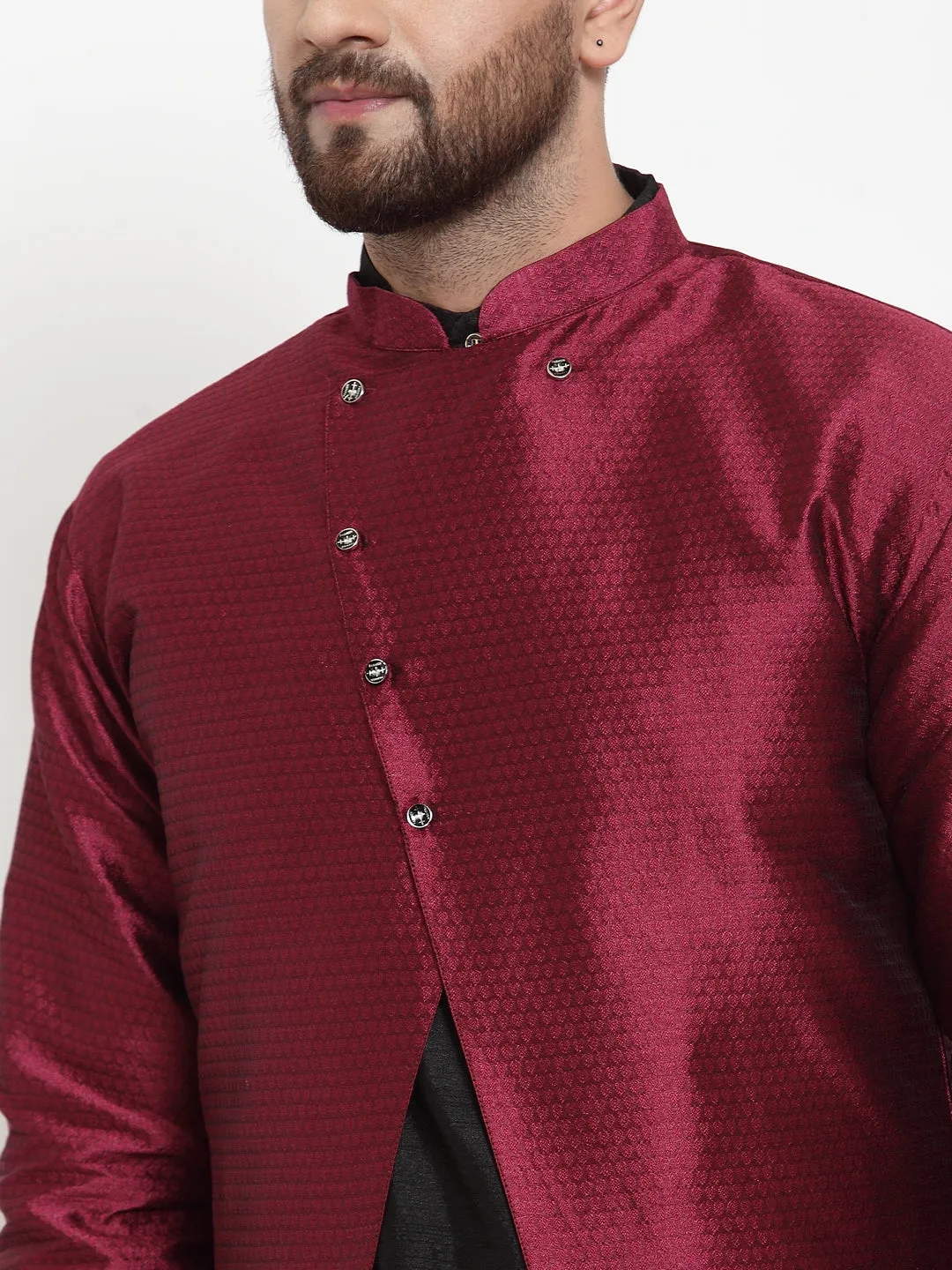 Men's Black Kurta With Pyjama & Wine Self Design Jacket - Benstoke