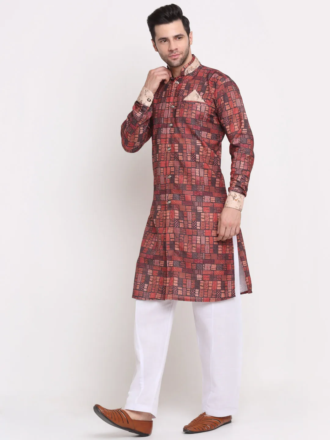 Men's Brown & Multi Printed Kurta With White Dhoti Pant - Benstoke